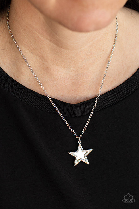 American Anthem - White Rhinestone Encrusted Silver Star Pendant Paparazzi Necklace & matching earrings