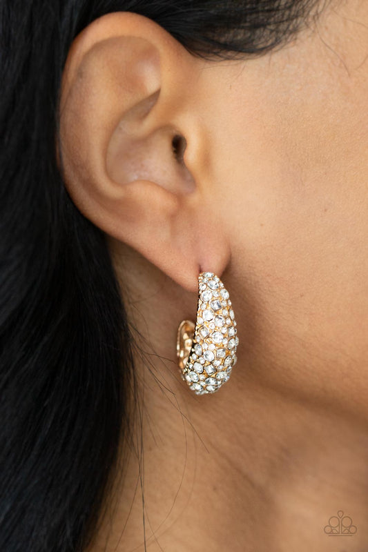 Glamorously Glimmering - Gold Hoop & White Rhinestone Paparazzi Earrings