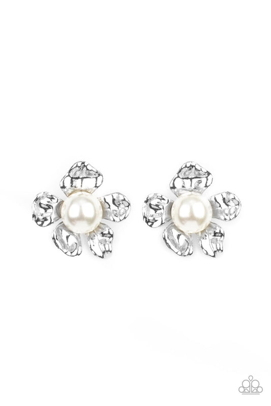 Apple Blossom Pearls - White Pearl Center & Silver Blossom Paparazzi Post Earrings