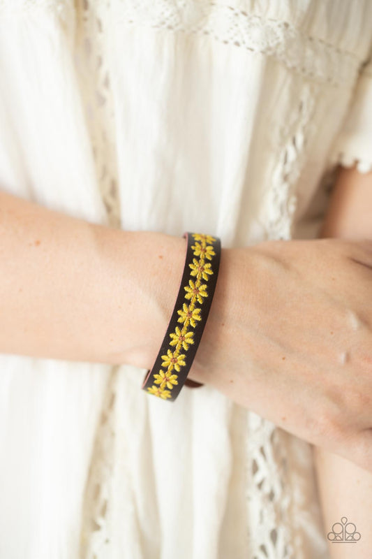 Wildflower Wayfarer - Yellow Stitched Flowers & Brown Leather Paparazzi Snap Bracelet