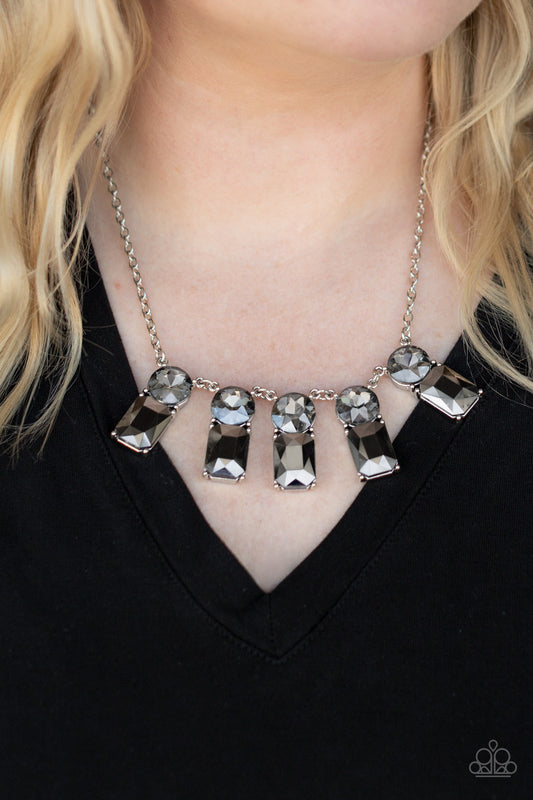 Celestial Royal - Silver Oversized Smoky Rhinestone & Emerald Cut Hematite Gem Paparazzi Necklace & matching earrings