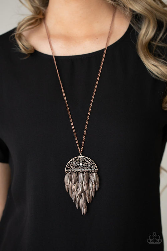 Canopy Cruise - Copper Leafy Fringe/Ornate Filigree Pendant Paparazzi Necklace & matching earrings