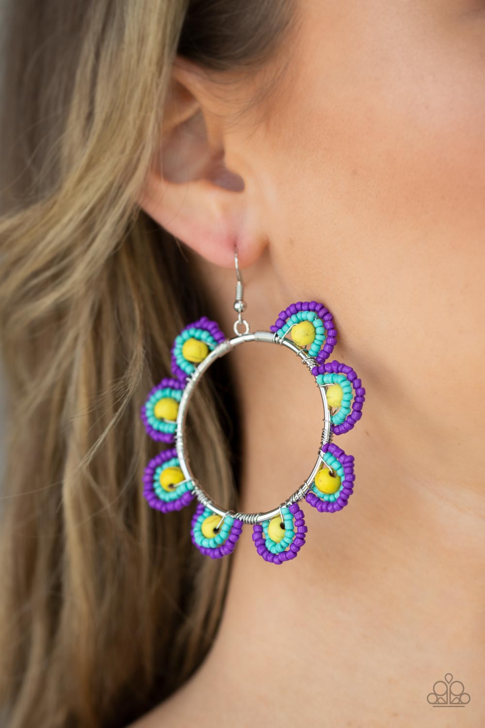 Groovy Gardens - Yellow Stone Bead/Purple & Turquoise Seed Bead Flower Paparazzi Earrings
