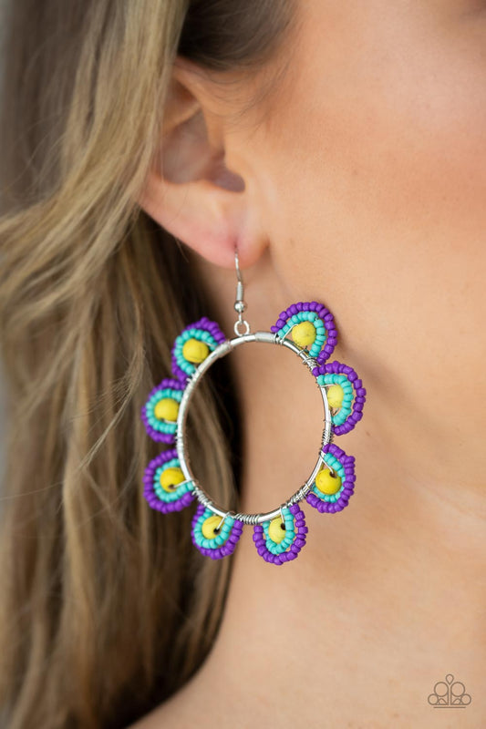 Groovy Gardens - Yellow Stone Bead/Purple & Turquoise Seed Bead Flower Paparazzi Earrings