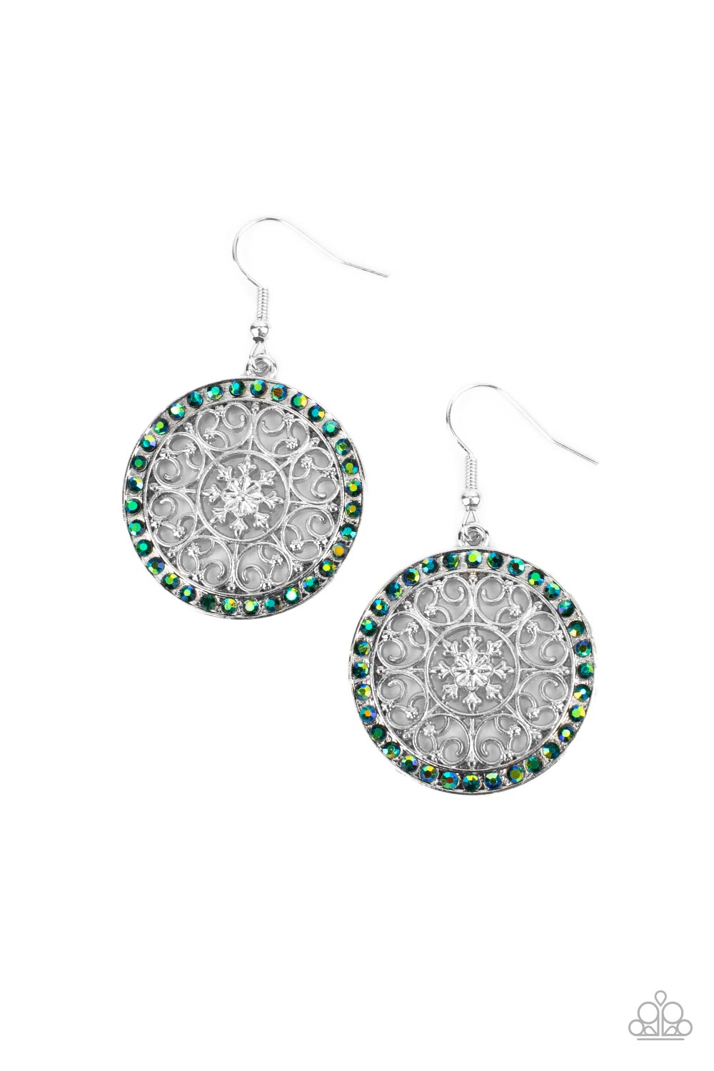 Bollywood Ballroom - Green Iridescent Rhinestones & Silver Filigree Paparazzi Earrings