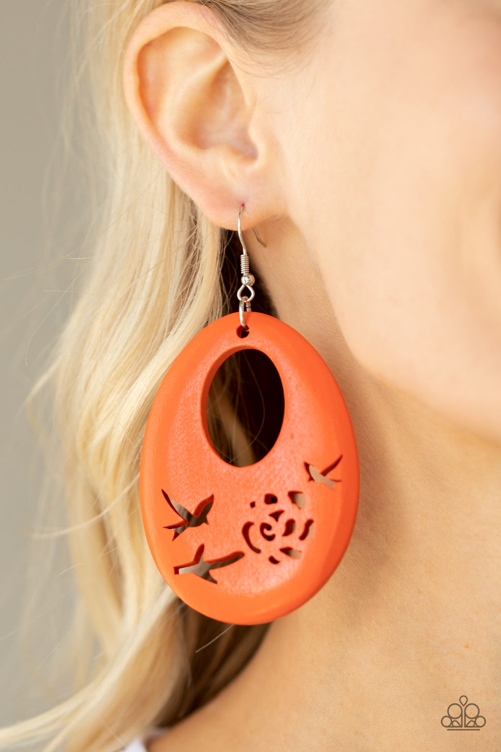 Home TWEET Home - Orange Wooden Teardrop/ Bird & Floral Cutout Paparazzi Earrings