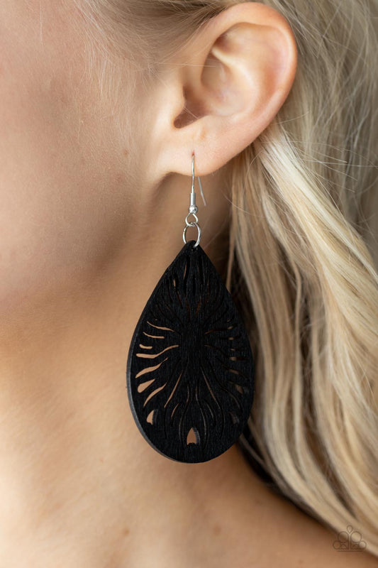 Sunny Incantations - Black Wooden Starburst Pattern Paparazzi Earrings
