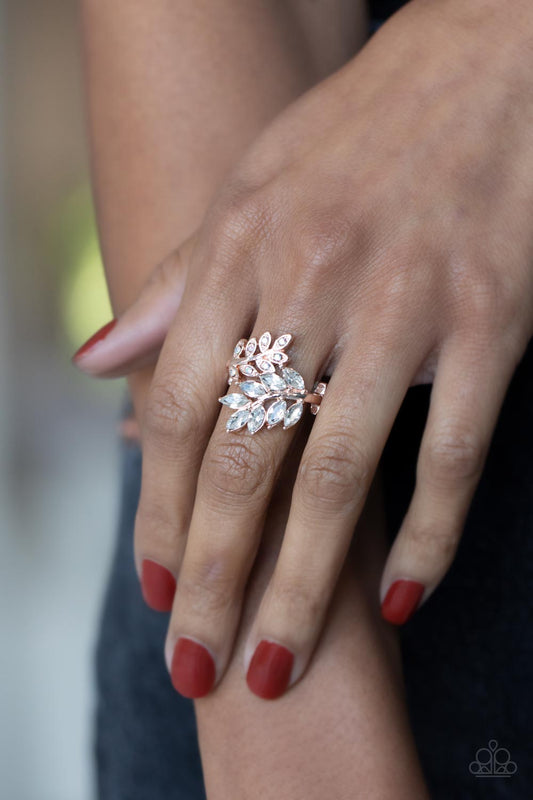 Glowing Gardenista - Rose Gold Leafy Bands & White Rhinestone Paparazzi Ring