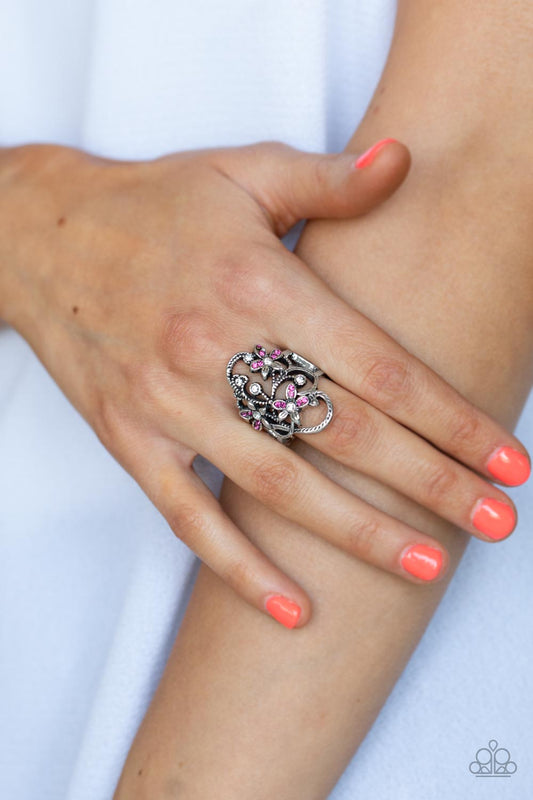 Flirtatiously Flowering - Pink & White Rhinestones, Textured Filigree, & Flower Paparazzi Ring