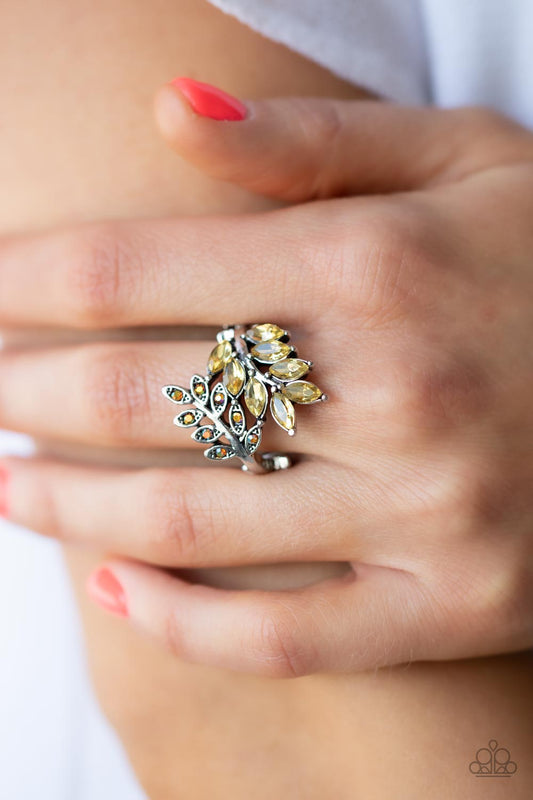 Glowing Gardenista - Yellow & Iridescent Rhinestone/Silver Leafy Band Paparazzi Ring