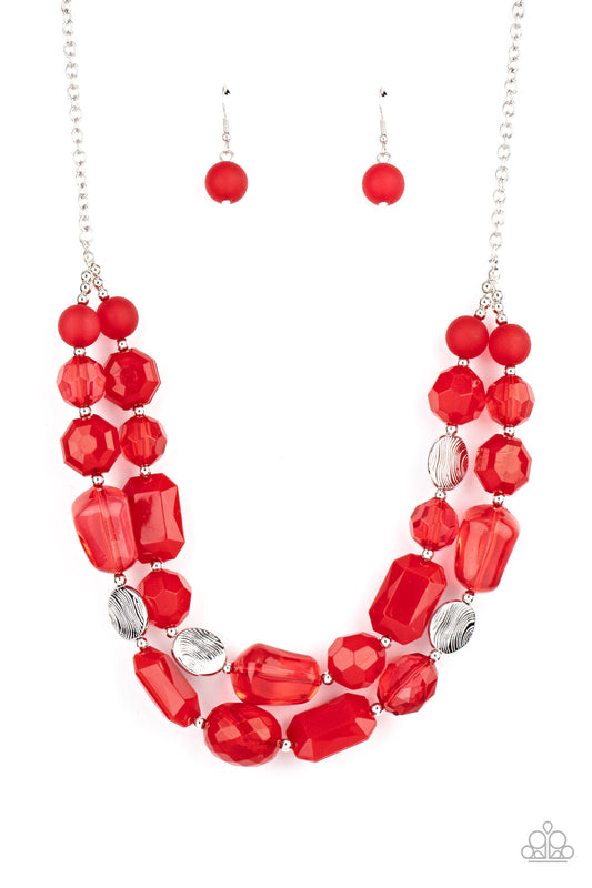 Oceanic Opulence - Red Varying Beaded Double Chain Paparazzi Necklace & matching earrings