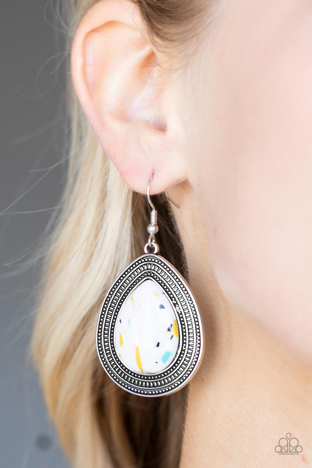 Terrazzo Tundra - Multi Terrazzo Pattern White Teardrop Stone Paparazzi Earrings