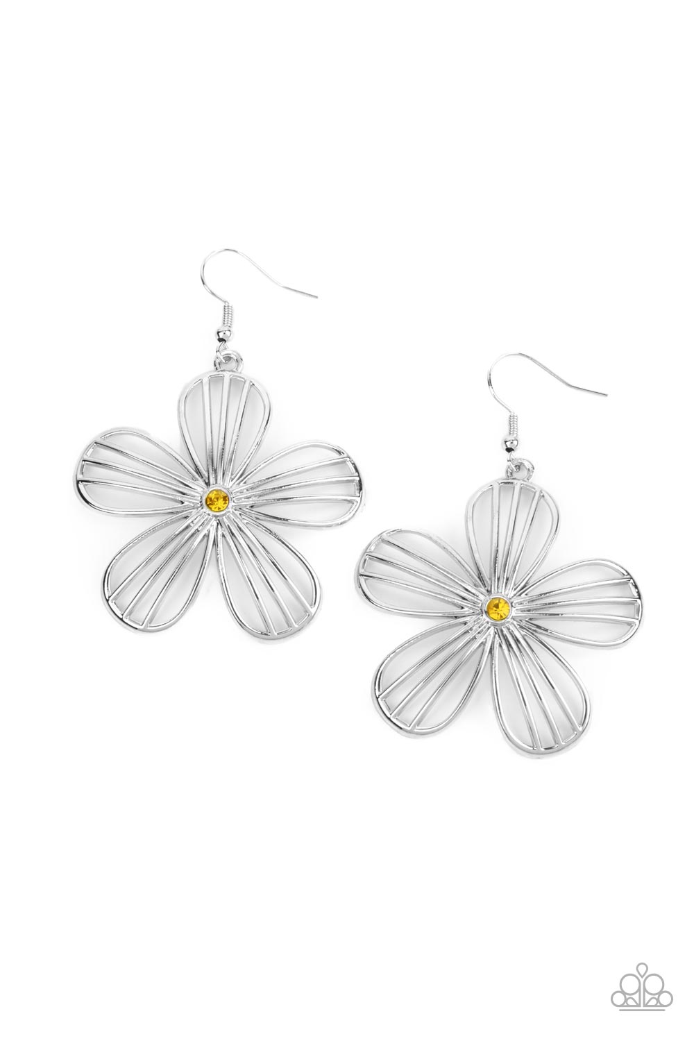 Meadow Musical - Yellow Dainty Rhinestone & Airy Silver Petal Flower Paparazzi Earring