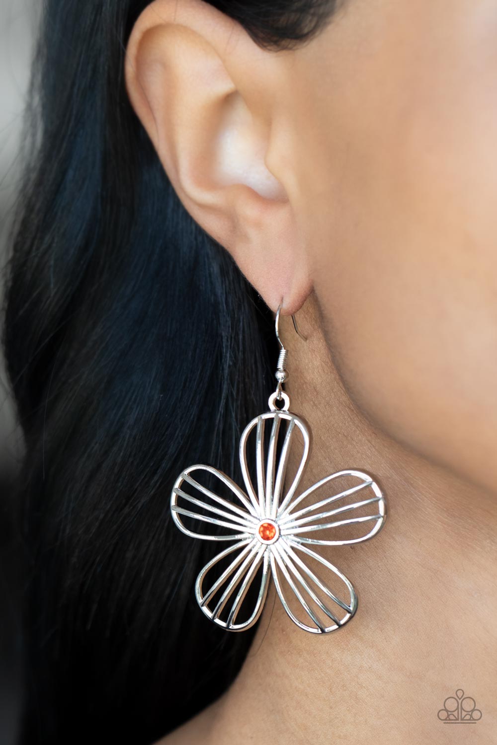 Meadow Musical - Orange Rhinestone Center & Silver Floral Frame Paparazzi Earrings