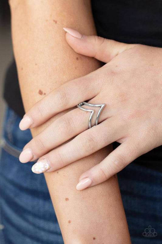 Adventurously Angled - Silver Arced Dainty Bar Paparazzi Ring