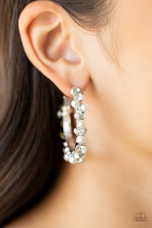 Let There Be SOCIALITE - White Pearl & Rhinestone Encrusted Paparazzi Hoop Post Earrings / September 2021 LOP
