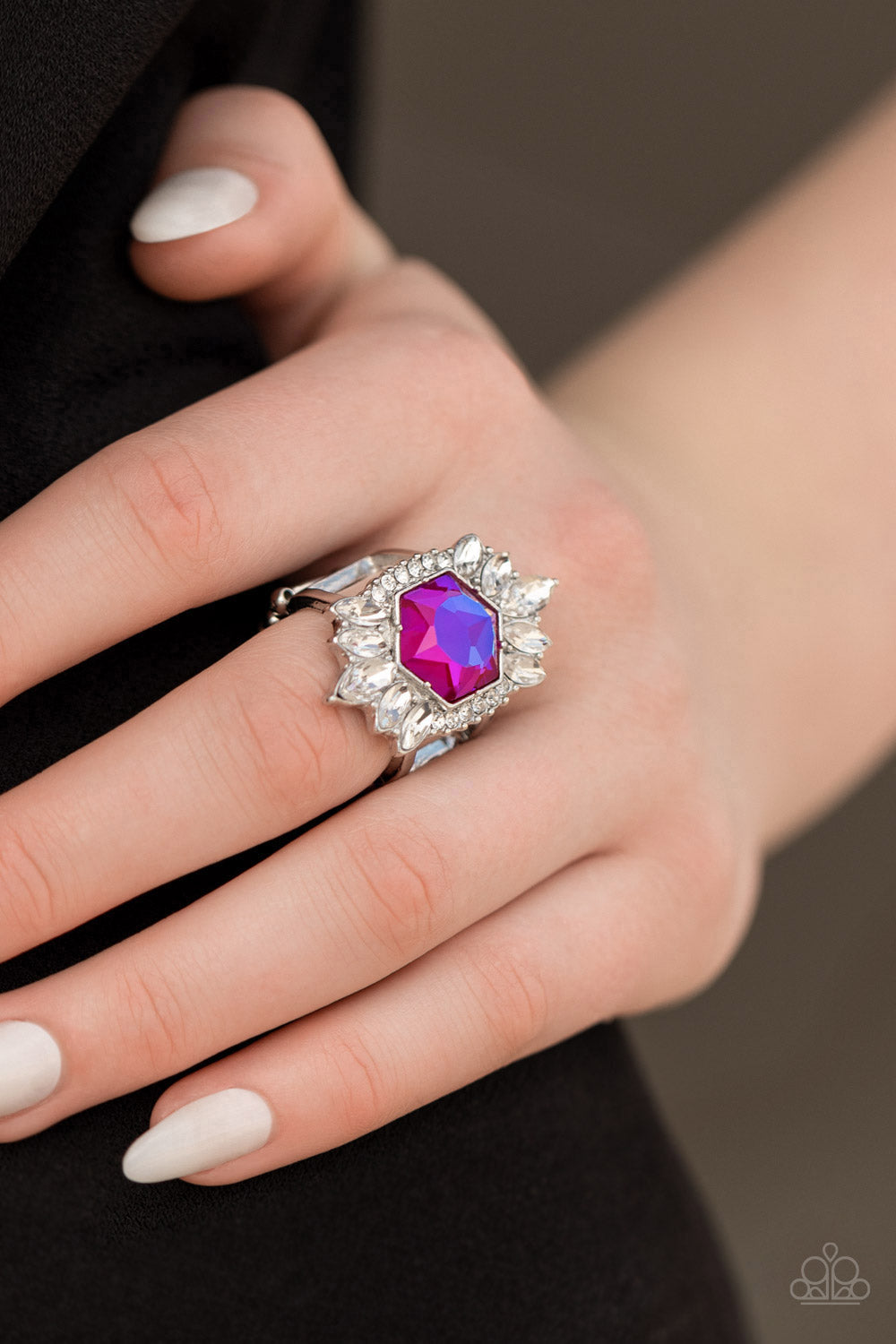 Divine Intervention - Pink UV Shimmer & White Rhinestone Paparazzi Ring