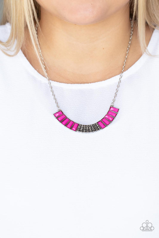 Coup de MANE - Pink Emerald-Cut Beads/Hematite Rhinestone Half Moon Pendant Paparazzi Necklace & matching earrings