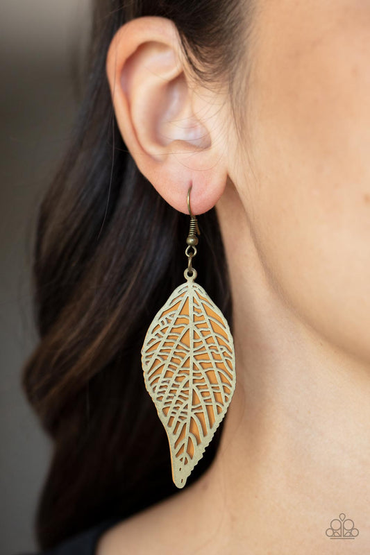 Leafy Luxury - Brass Airy Stenciled Frame & Brown Metal Leaf Paparazzi Earrings