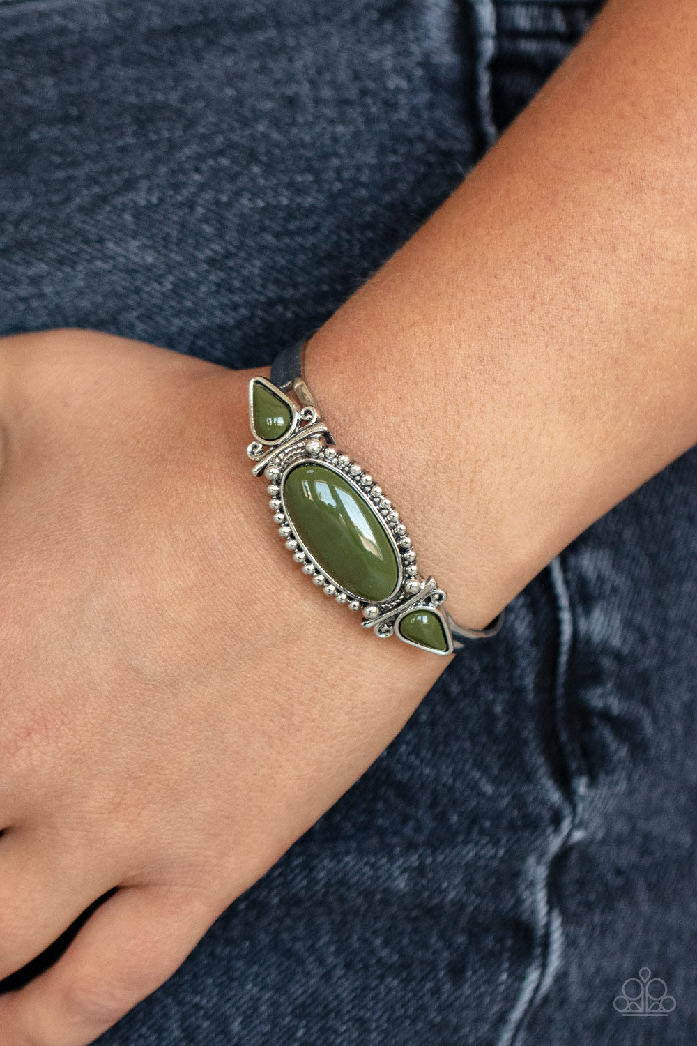Tribal Trinket - Green Beads & Studded Silver Filigree Paparazzi Cuff Bracelet