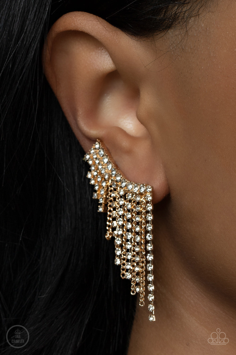 Thunderstruck Sparkle - Gold Dainty Chain & White Rhinestone Fringe Paparazzi Ear Crawler Earrings