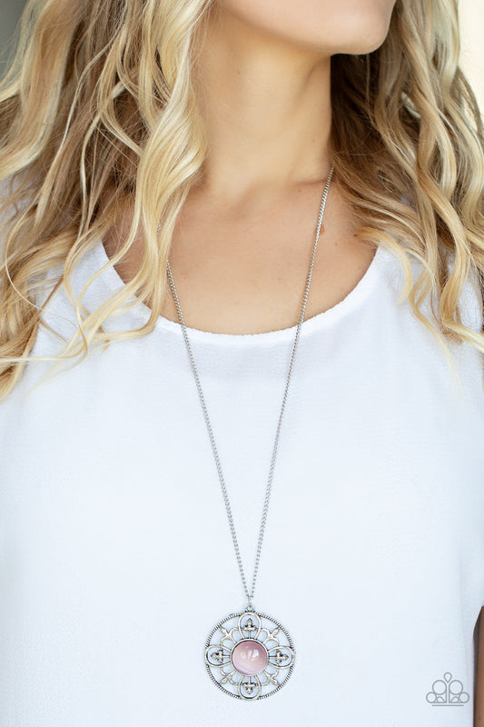 Celestial Compass - Pink Cat's Eye Stone/Fleur de lis-like Accent Pendant Paparazzi Necklace & matching earrings