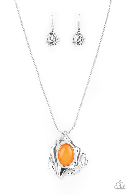 Amazon Amulet - Orange Oval Bead & Abstract Silver Frame Pendant Necklace & matching earrings