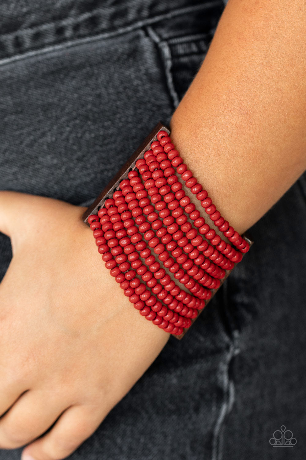 Waikiki Wonderland - Red Wooden Beads & Brown Wooden Rectangle Frame Paparazzi Stretch Bracelet
