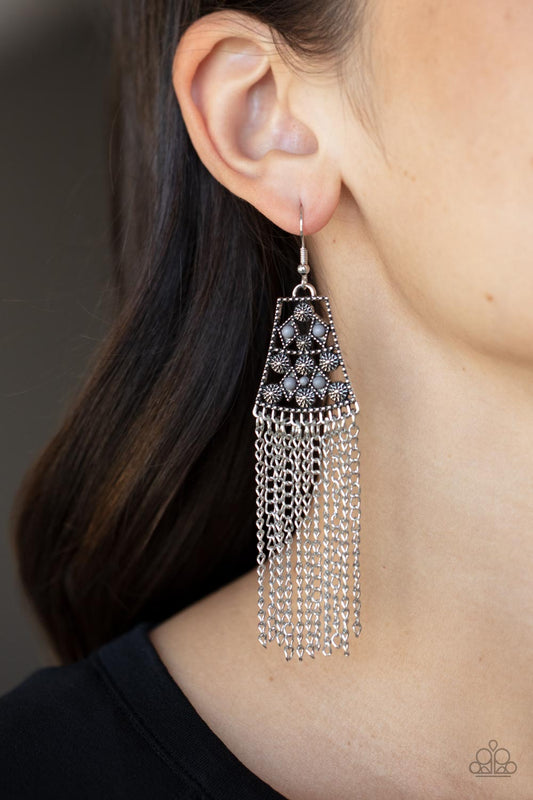 Cleopatras Allure - Silver Chain Fringe & Gray Beaded Paparazzi Earrings