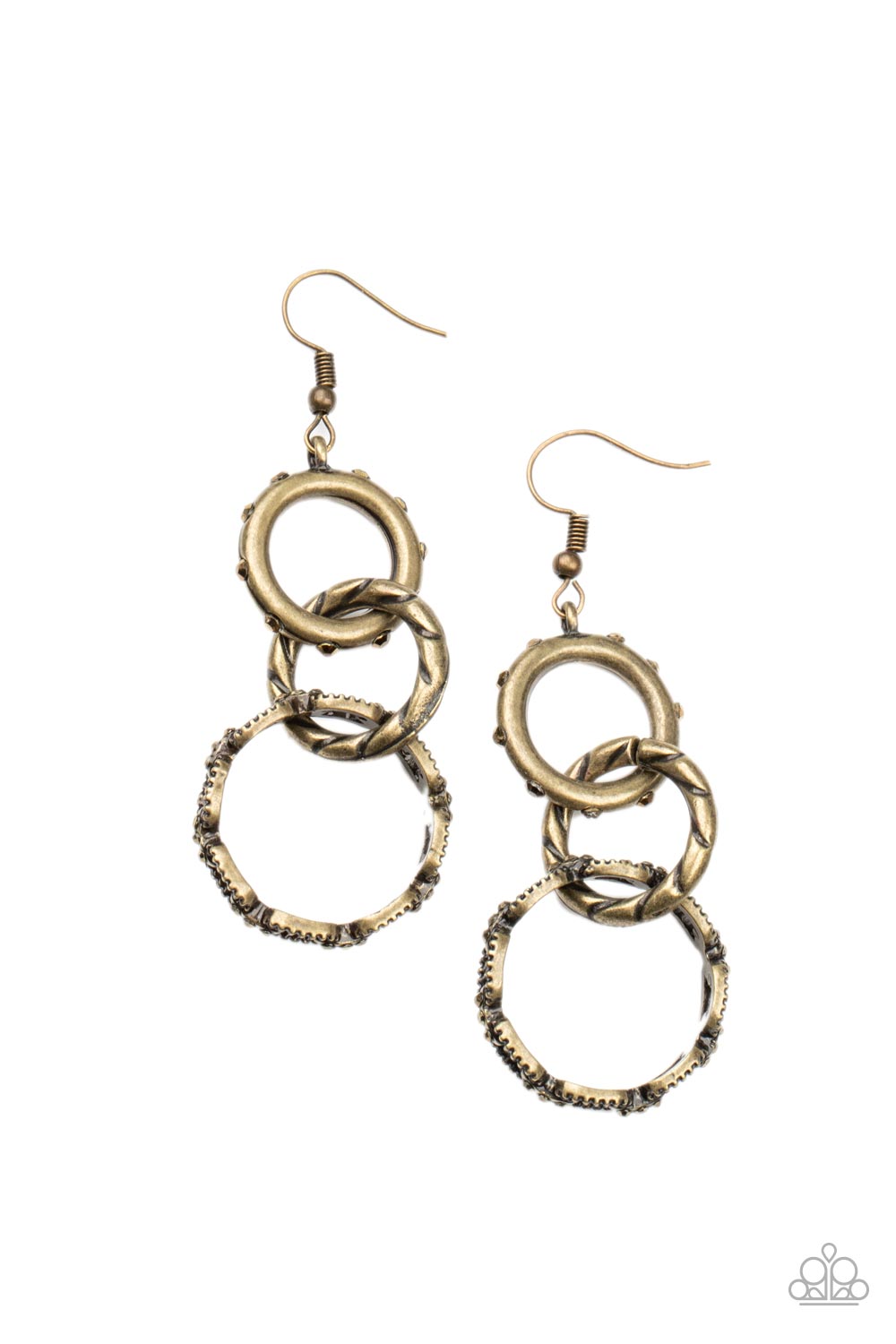 Shameless Shine - Brass & Aurum Rhinestone Chain-Like Patterned Rings Paparazzi Earrings