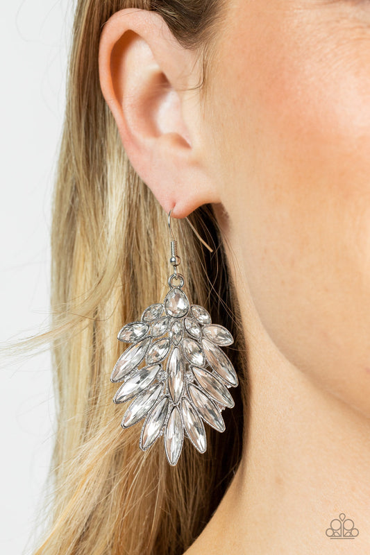 COSMIC-politan - White Teardrop & Oblong Marquise Cut Rhinestone Fan Paparazzi Earrings