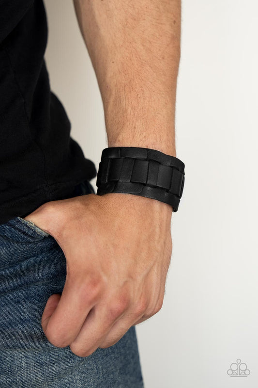 Plainly Plaited - Black Interlocking Square Leather Link Paparazzi Men's Snap Bracelet