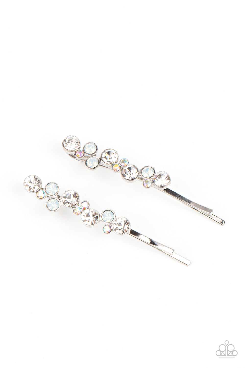 Bubbly Ballroom - White, Opal, & Iridescent Rhinestone Encrusted Paparazzi Set of 2 Hair Clips
