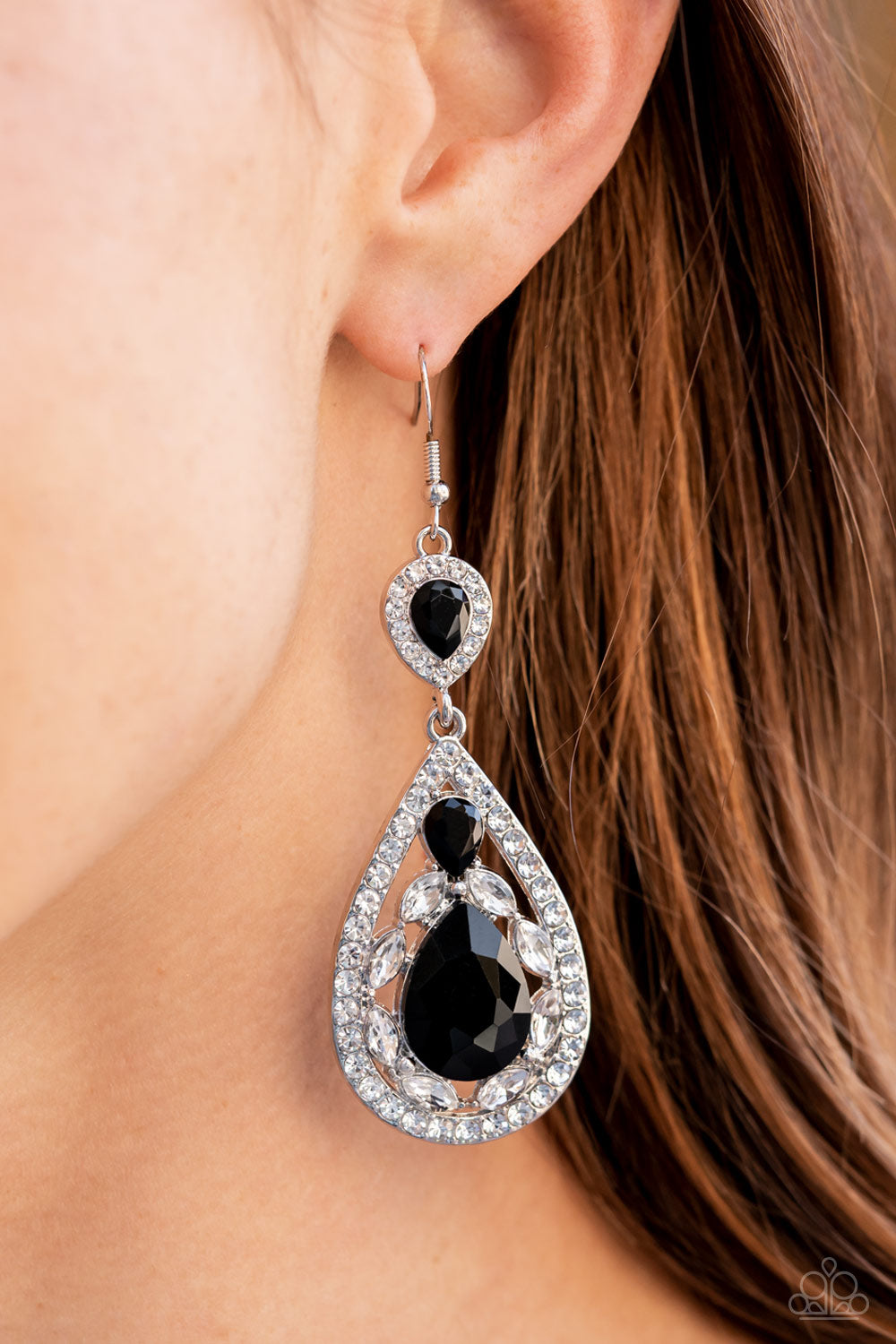 Posh Pageantry - Black Teardrop & White Rhinestone Paparazzi Earrings