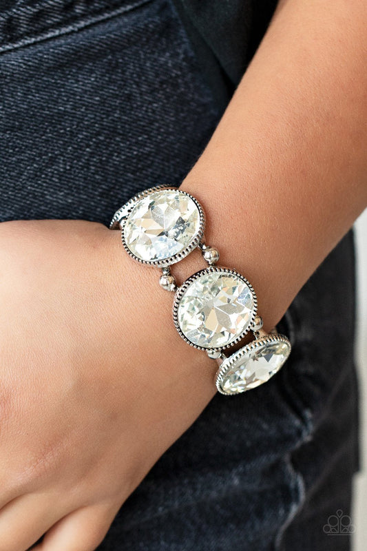 Powerhouse Hustle - White Oversized Rhinestone Paparazzi Stretch Bracelet