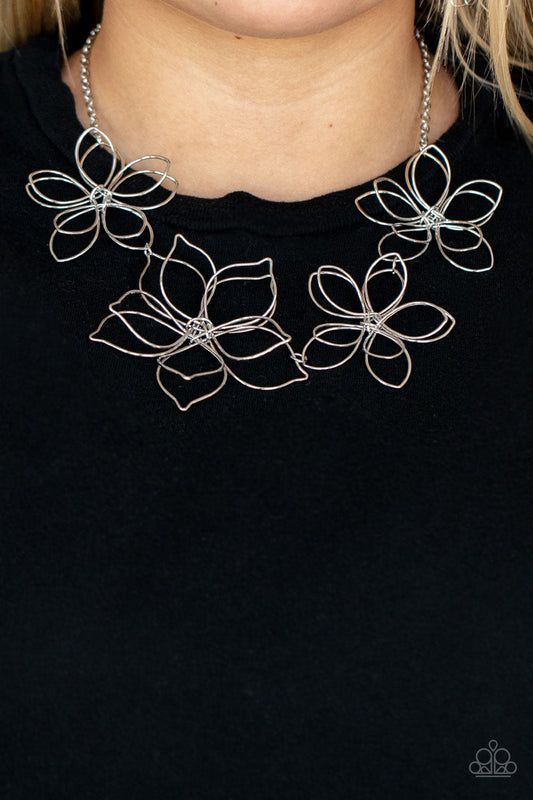 Flower Garden Fashionista - Silver Oversized Blossom Paparazzi Necklace & matching earrings