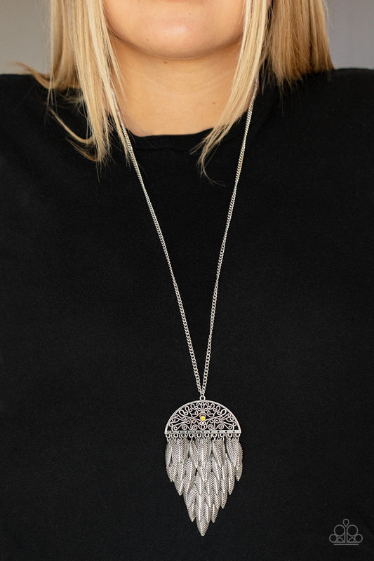 Canopy Cruise - Yellow Dainty Rhinestone & Leafy Silver Frame Pendant Paparazzi Necklace & matching earrings