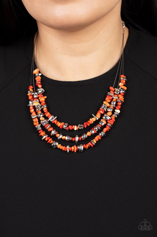 Placid Pebbles - Orange Raw Cut Pebble Triple Layer Paparazzi Necklace & matching earrings