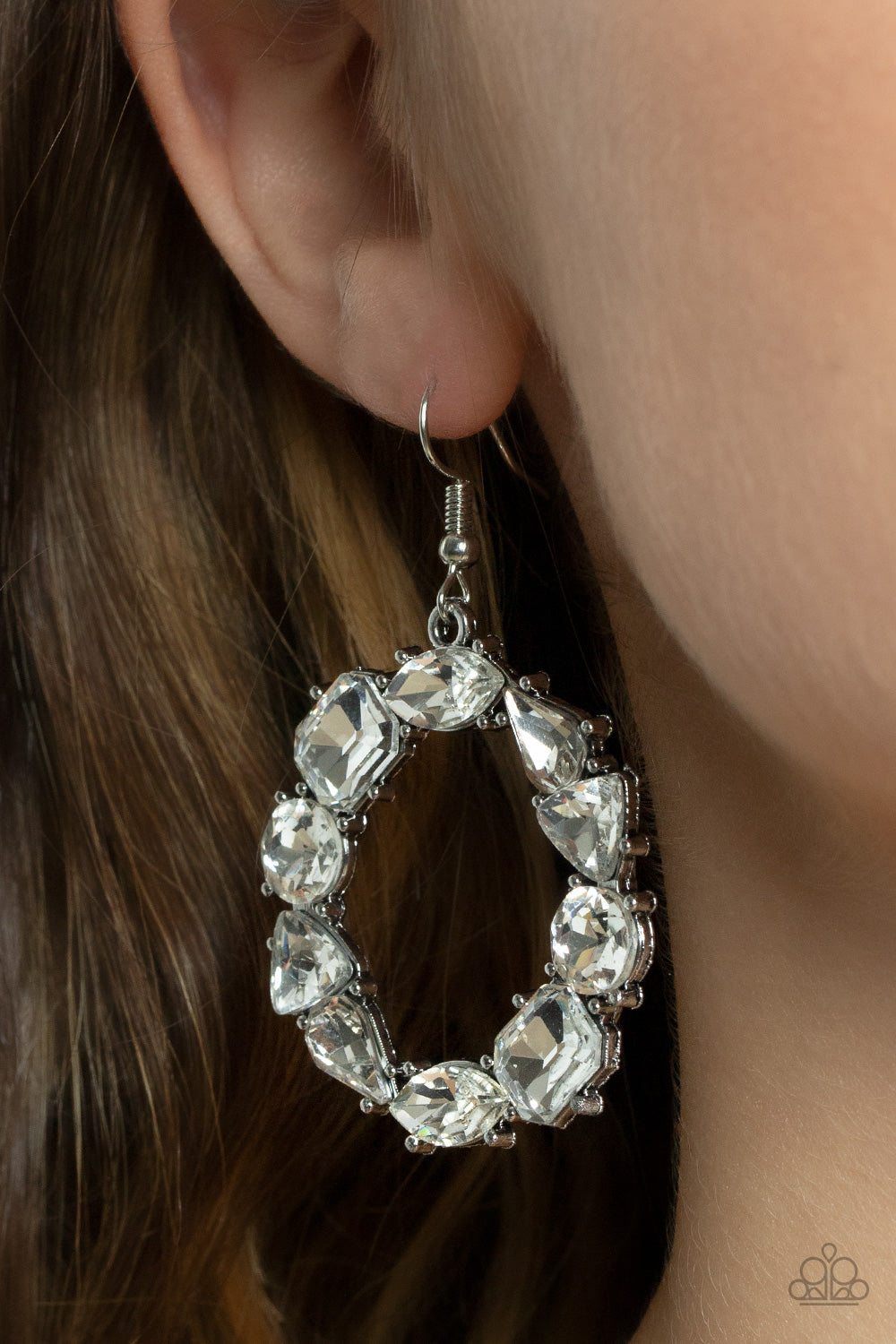 GLOWING in Circles - White Round, Triangular, Teardrop Marquise & Emerald Cut Rhinestone Earrings