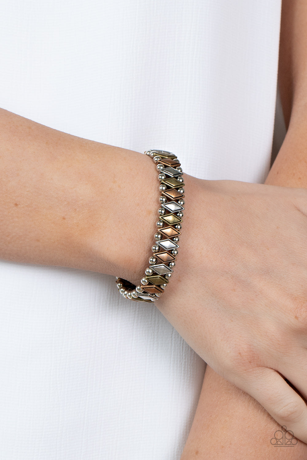 Abstract Advisory - Multi Brass & Silver Diamond Shaped Beaded Paparazzi Stretch Bracelet