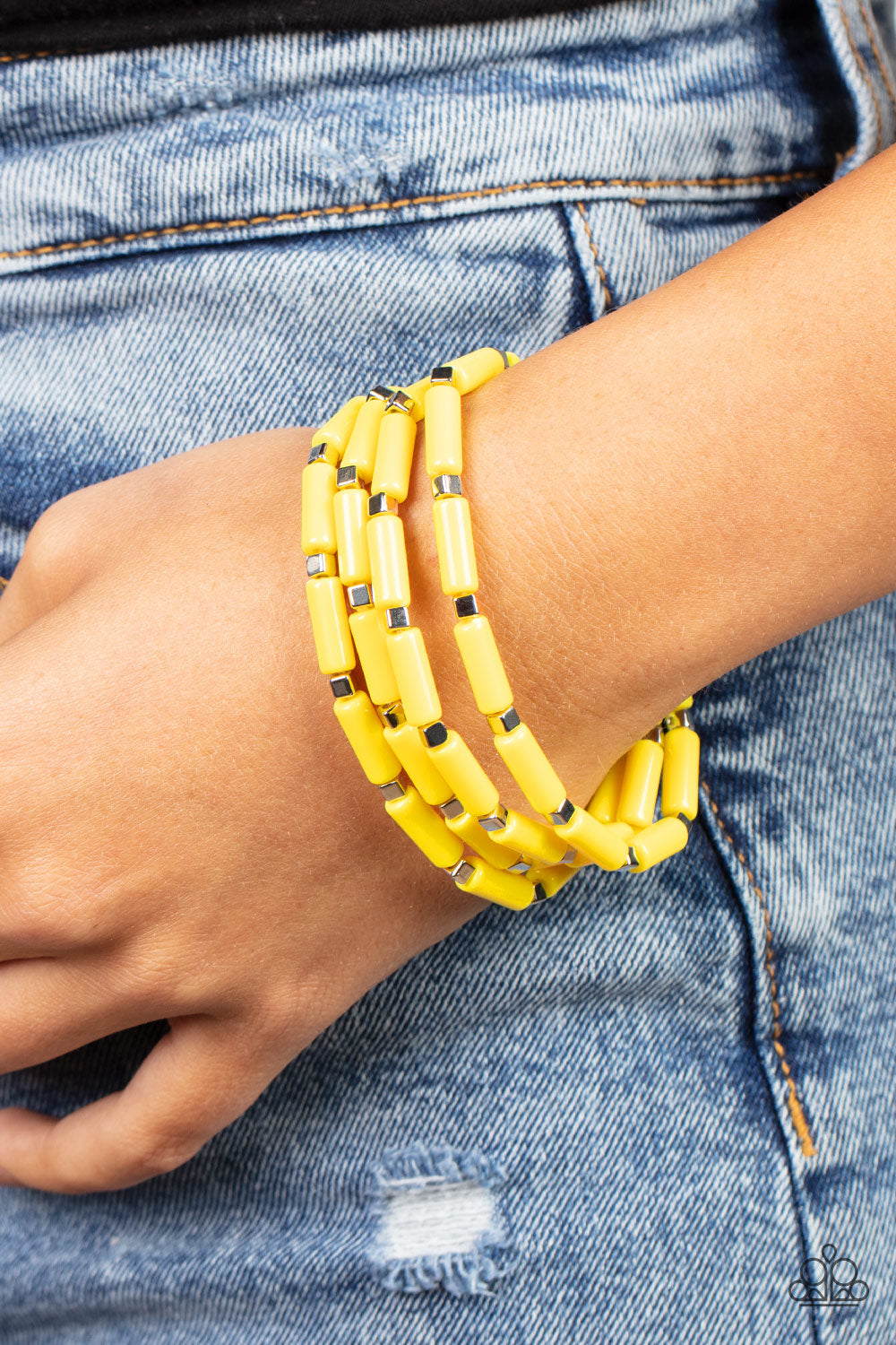 Radiantly Retro - Yellow Cylindrical & Silver Cube Beaded Paparazzi Set of 4 Strecth Bracelets