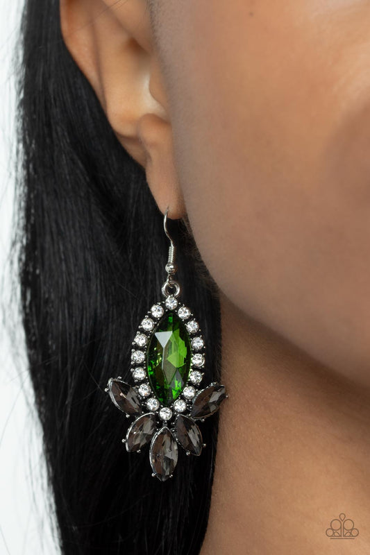 Serving Up Sparkle - Green & Smokey Marquise Cut Rhinestone Paparazzi Earrings