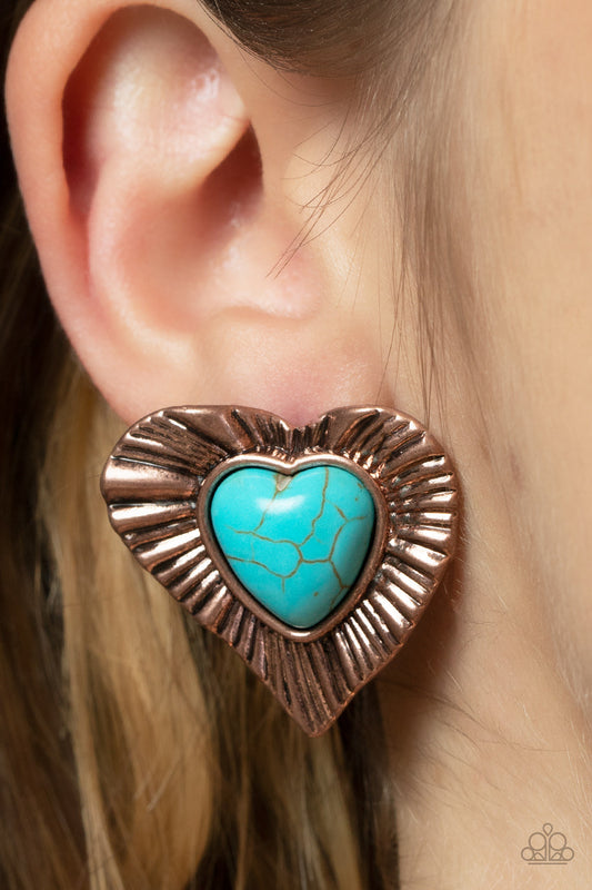 Rustic Romance - Copper Antiqued Heart & Turquoise Stone Center Paparazzi Earrings