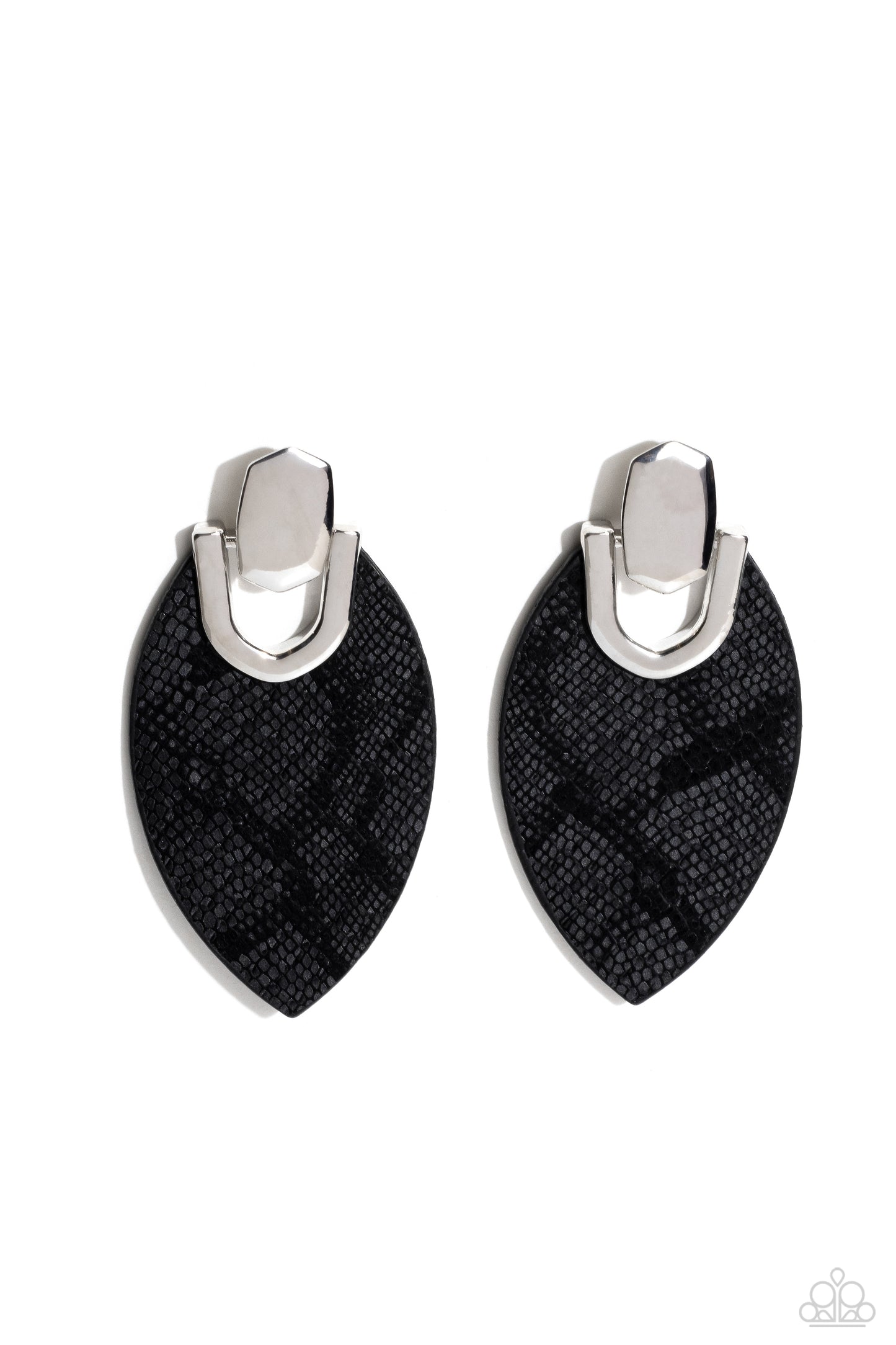 Wildly Workable - Black Python-Like Textured Leather/Silver Fitting Paparazzi Earrings