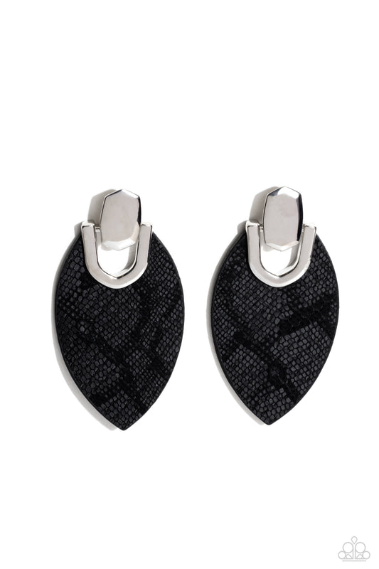 Wildly Workable - Black Python-Like Textured Leather/Silver Fitting Paparazzi Earrings