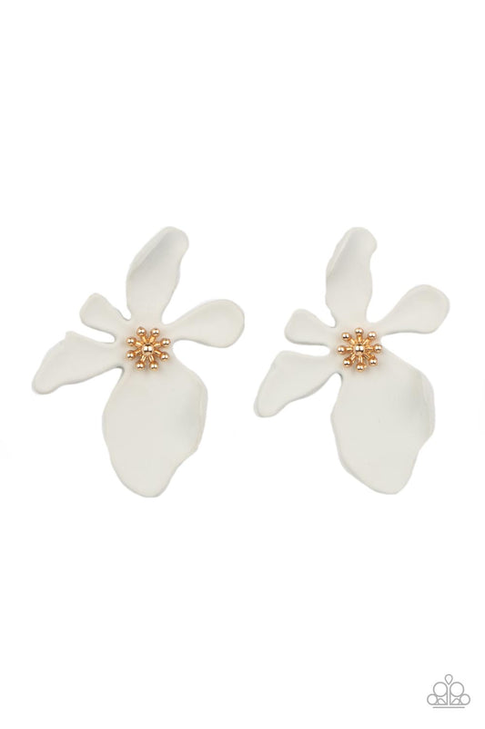 Hawaiian Heiress - White Asymmetrical Abstract Flower Paparazzi Post Earrings