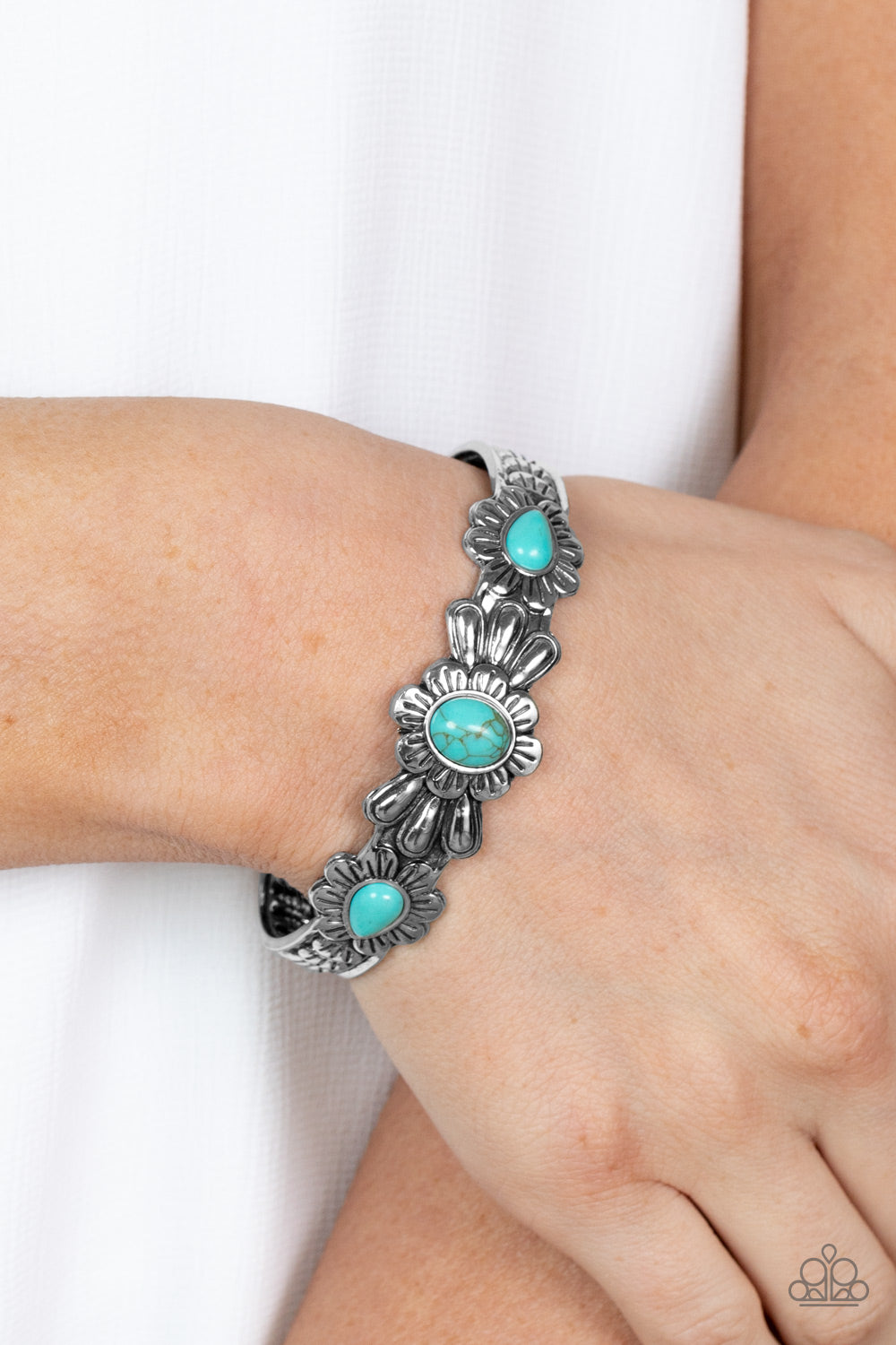 Winslow Walkabout - Blue/Turquoise Stone Centers & Wildflower Embossed Silver Cuff Paparazzi Bracelet