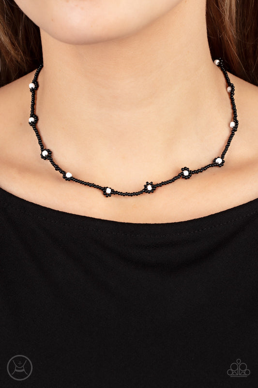 Colorfully Flower Child - Black & White Seed Bead Flower Paparazzi Choker Necklace & matching earrings
