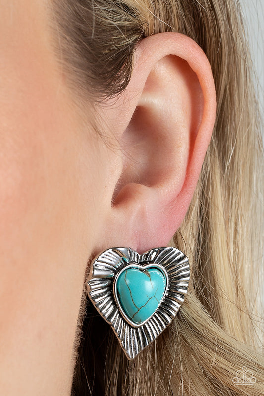 Rustic Romance - Blue/Turquoise Stone & Silver Antiqued Heart Paparazzi Earrings