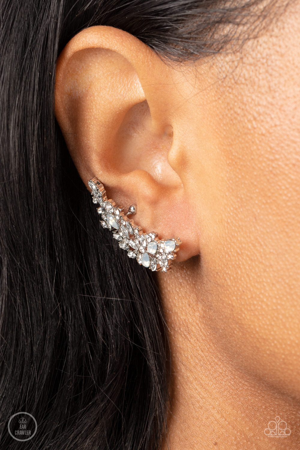 Prismatically Panoramic - White & White Opal Rhinestone Paparazzi Ear Crawler Earrings
